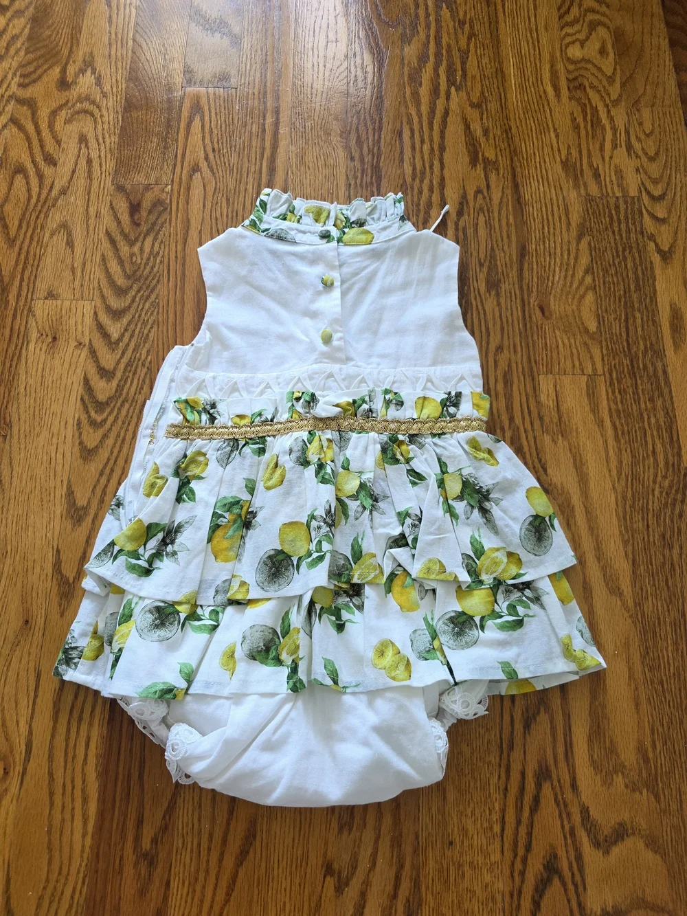 White Lemon-Print Baby Dress Romper with Gold Accent